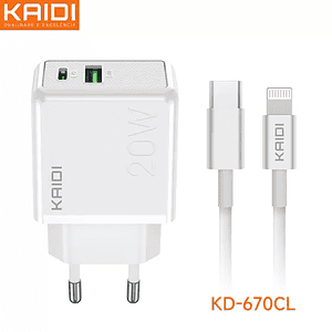 Carregador KAIDI Tipo c lightning PD+ QC 20w